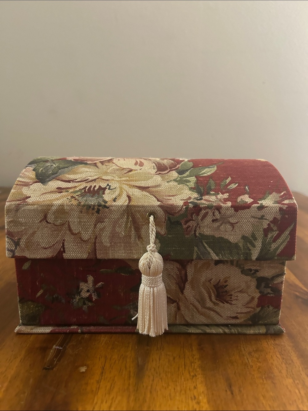 Vintage Floral Tapestry Fabric Jewelry Box Tassel Domed Lid Trunk Style